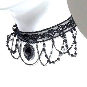 Claire’s Black Lace Choker Necklace with Gemstones and Chains Y2K Goth Victorian